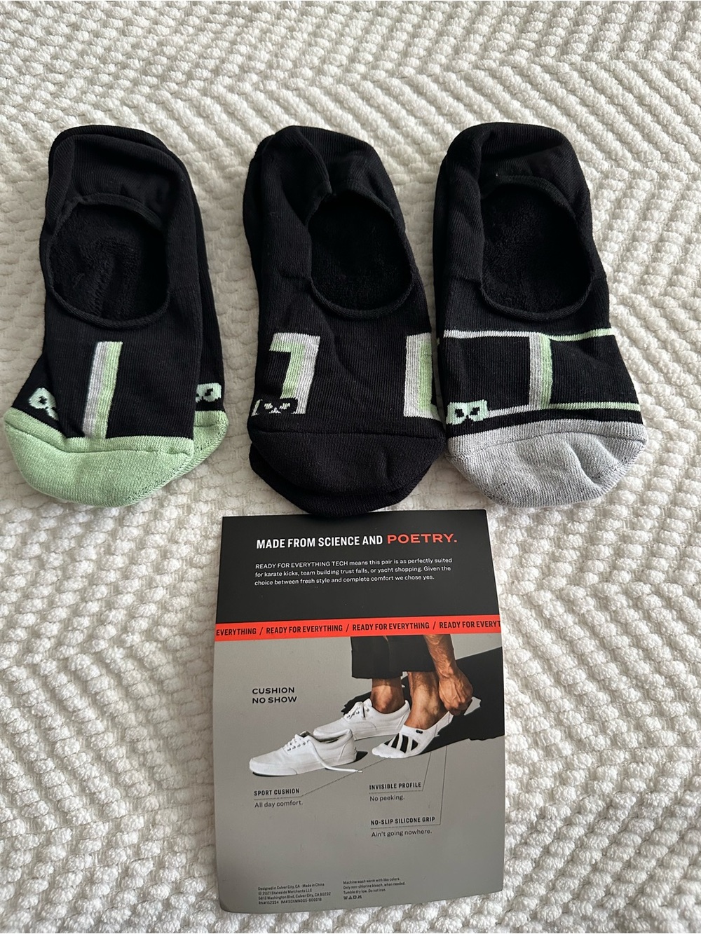 Men's 3-Pack No-Show Athletic Socks — Black with Mint & Gray Accents